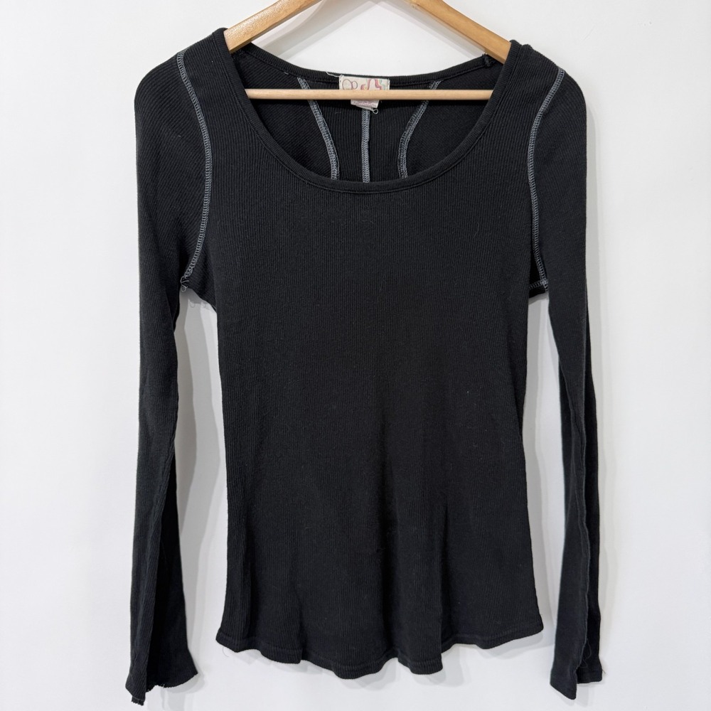 Y2K OP Ribbed Long Sleeve T Shirt Juniors L Black Contrast Stitching
